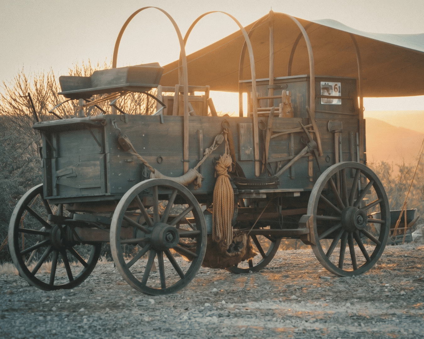 Old-fashioned covered wagon with large wheels during sunset.