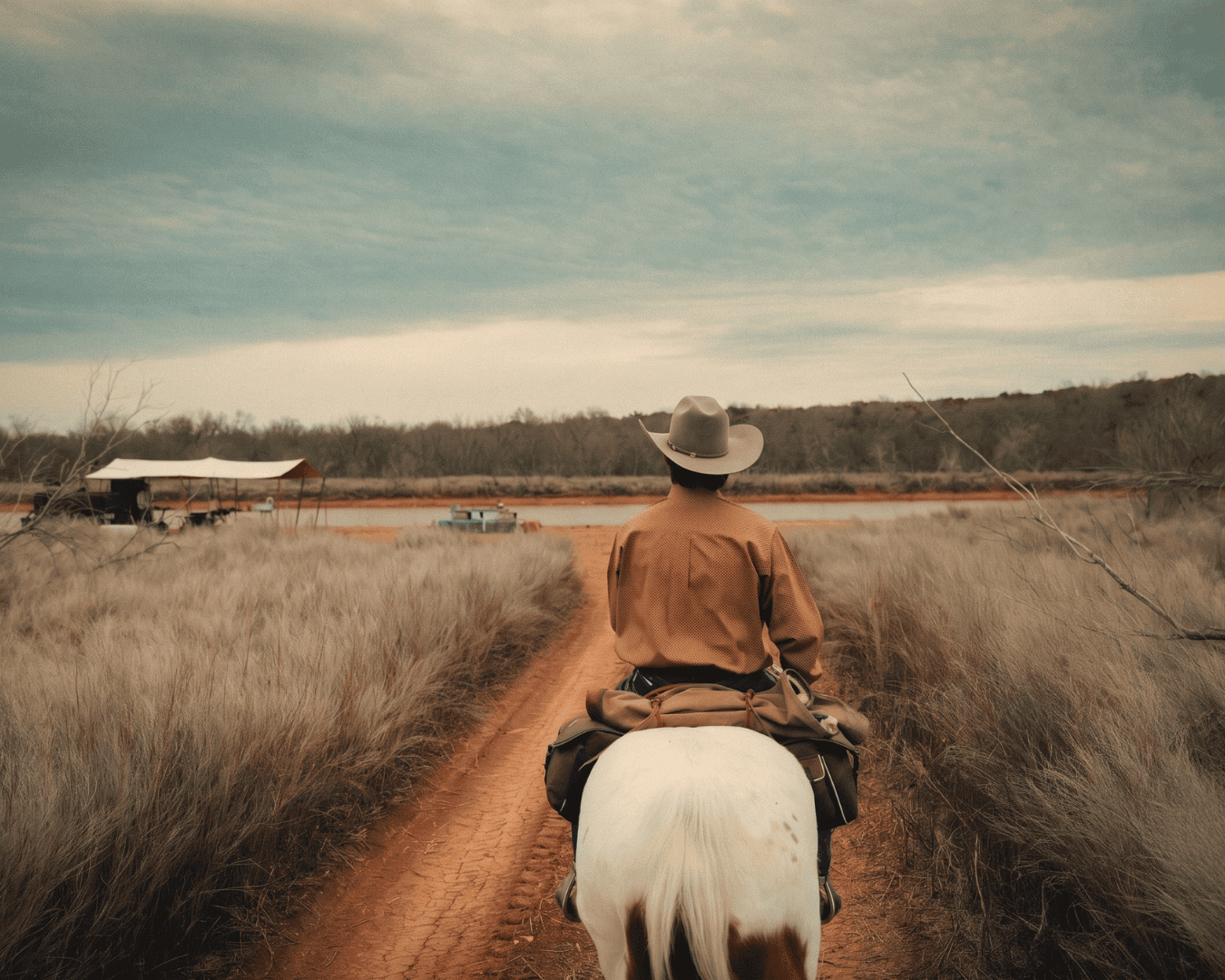 Person riding a horse on a rural dirt path with open fields and a cloudy sky.