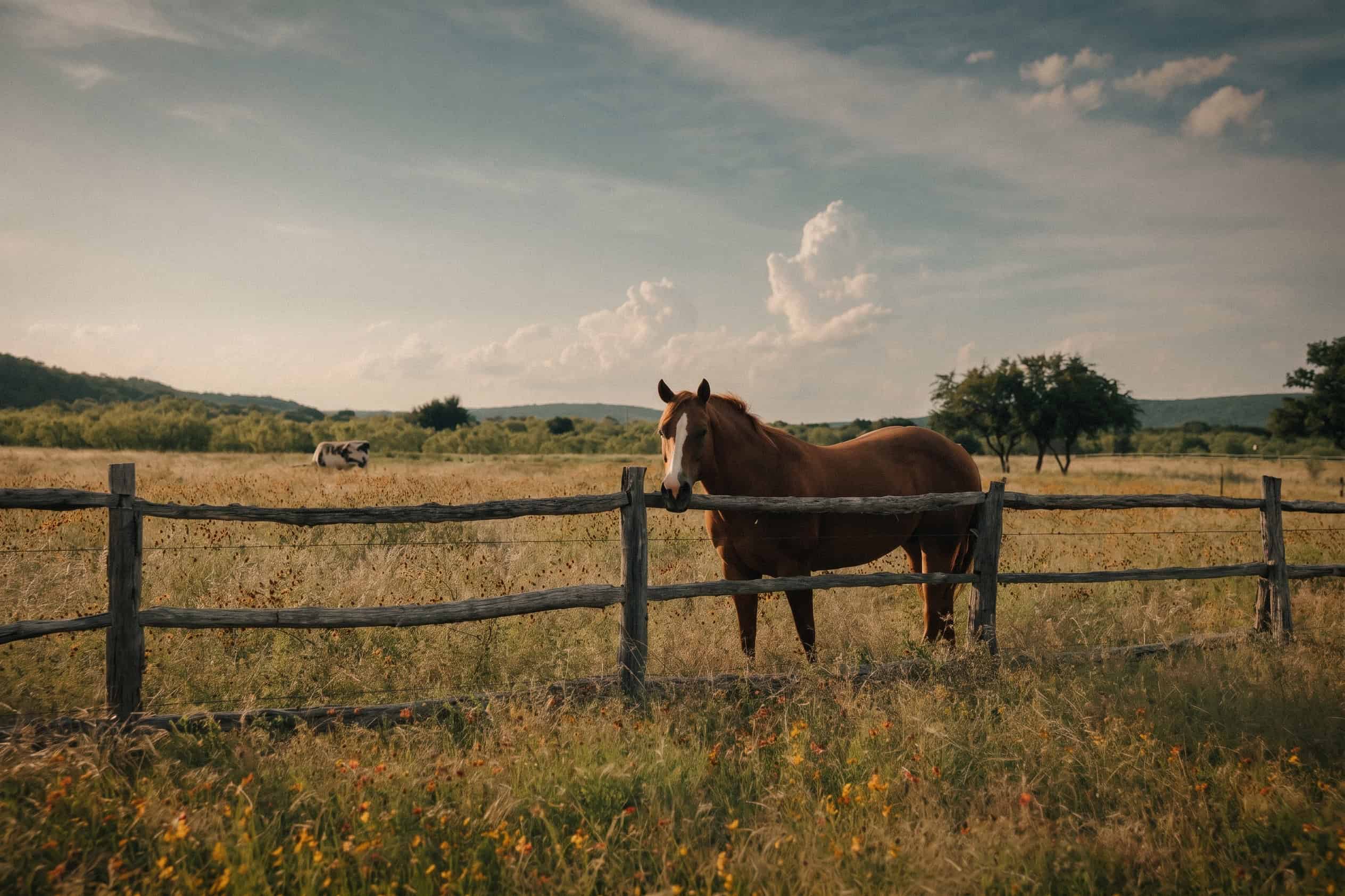Horse standing behind a wooden fence at Wildcatter Ranch.