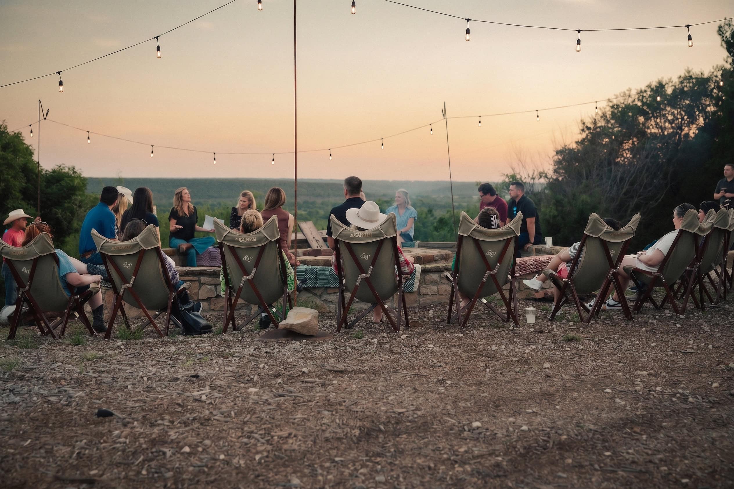 Guests enjoying an outdoor evening event at Wildcatter Ranch with string lights and scenic views.