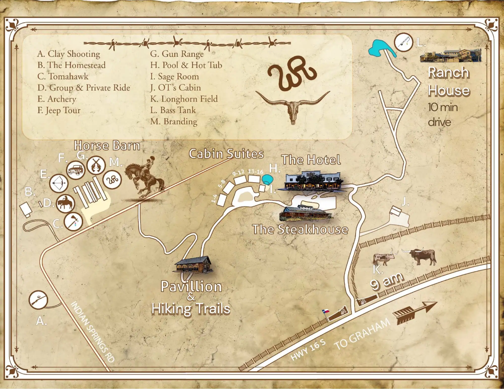 Detailed map of Wildcatter Ranch with cabins, trails, and amenities.