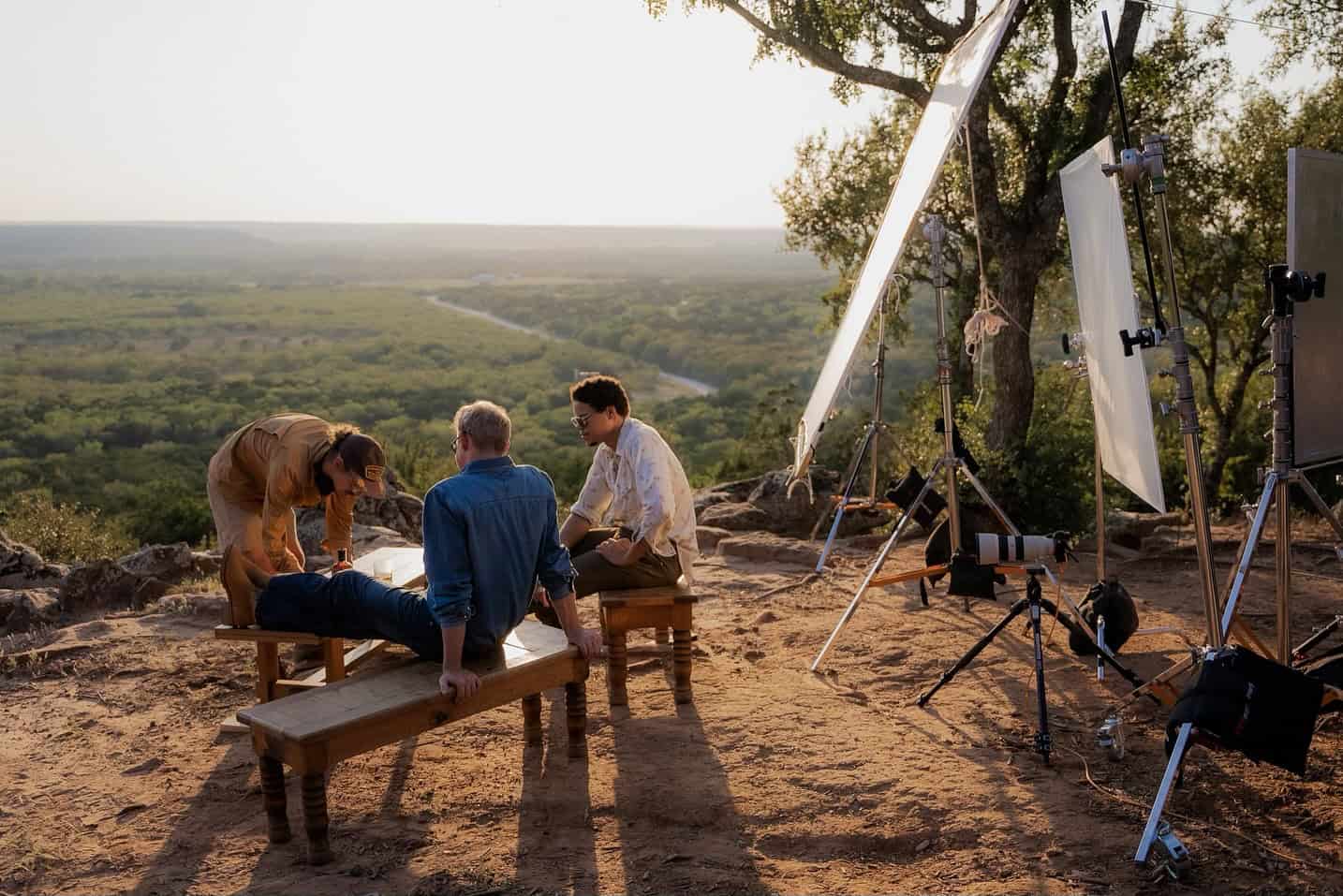 Filmmaking scene at Wildcatter Ranch with crew and equipment.